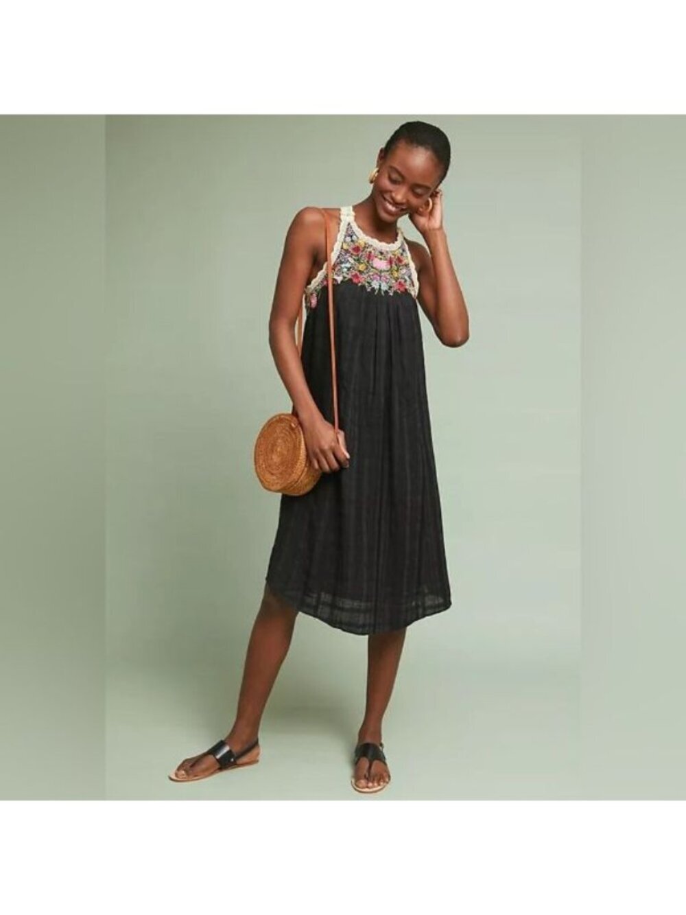 Anthropologie Akemi + Kin black Embroidered A-line tank Dress sz XS